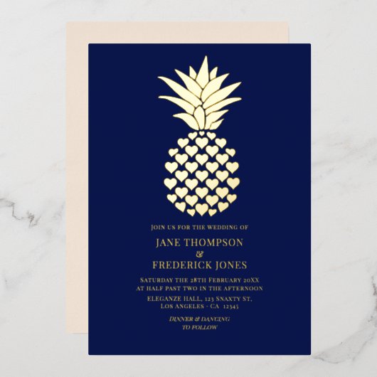 Navy & Gold Tropical Pineapple Wedding 箔招待状 (正面/裏面)