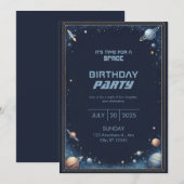Navy Gold Watercolor Rocket Planet Border Birthday 招待状 (正面/裏面)