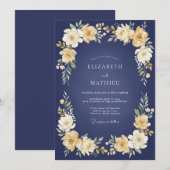 Navy Golden Bloom Wedding 招待状 (正面/裏面)