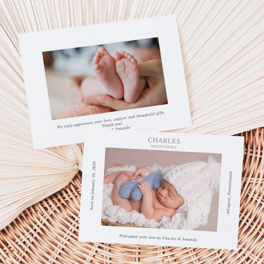 Navy Gray Minimalist Photo Baby Announcement Card 招待状