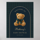 Navy Green Plaid Teddy Bear Baby Shower Welcome ポスター (正面)