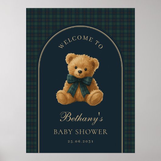 Navy Green Plaid Teddy Bear Baby Shower Welcome ポスター (正面)