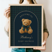 Navy Green Plaid Teddy Bear Baby Shower Welcome ポスター