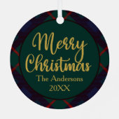 Navy Green Red Plaid Family Photo メタルオーナメント (裏面)