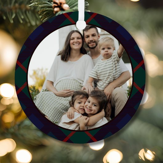 Navy Green Red Plaid Family Photo メタルオーナメント