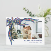 Navy Green Tartan Bow Christmas Photo Holiday Card シーズンカード (スタンド正面)