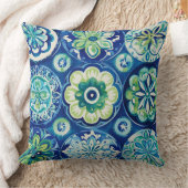 Navy Green Turquoise Boho Floral クッション (ブランケット)