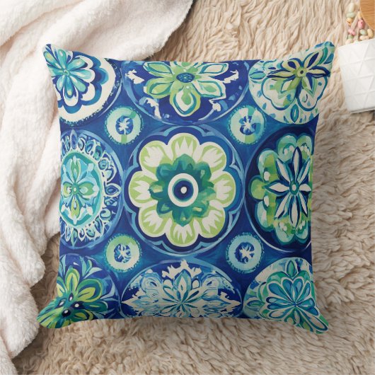 Navy Green Turquoise Boho Floral クッション (ブランケット)