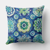 Navy Green Turquoise Boho Floral クッション (裏面)