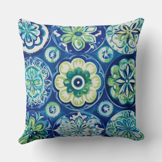 Navy Green Turquoise Boho Floral クッション (裏面)