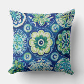 Navy Green Turquoise Boho Floral クッション (正面)