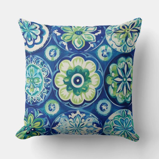 Navy Green Turquoise Boho Floral クッション (正面)