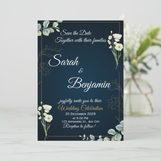 Navy Greenery Elegant Wedding Invitation 招待状 (スタンド正面)