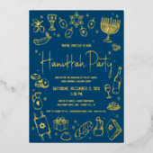 Navy Hanukkah Hand Drawn Doodles Party Real Gold 箔シーズンカード (正面)