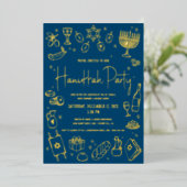 Navy Hanukkah Hand Drawn Doodles Party Real Gold 箔シーズンカード (立ち正面)