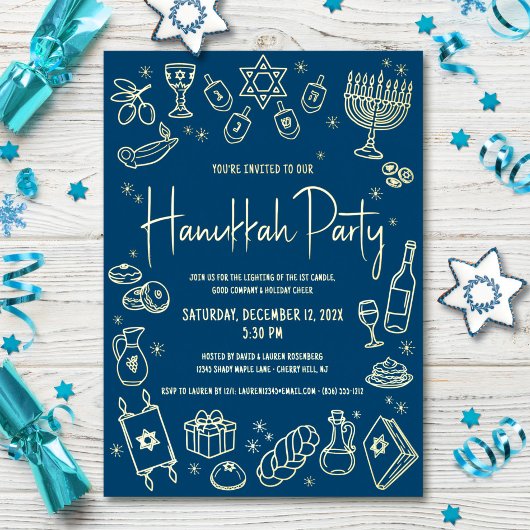 Navy Hanukkah Hand Drawn Doodles Party Real Gold 箔シーズンカード