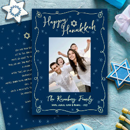 Navy Hanukkah Photo Hand Drawn Your Note Real Gold 箔シーズンカード