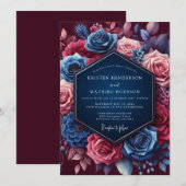 Navy Jeweled Bloom Wedding 招待状 (正面/裏面)