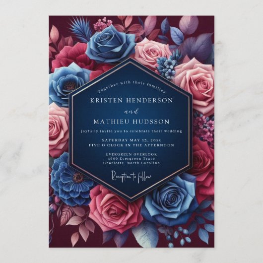 Navy Jeweled Bloom Wedding 招待状 (正面)