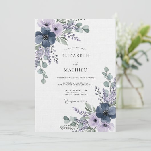 Navy Lavender Ethereal Bloom Wedding 招待状 (スタンド正面)