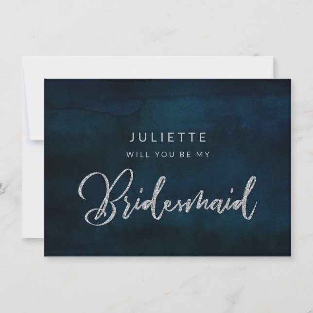Navy Luster Silver Be My Bridesmaid Proposal Card (正面)
