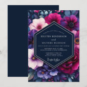 Navy & Magenta Vibrant Floral Wedding 招待状 (正面/裏面)