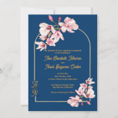 Navy Magnolia Floral Photo Wedding Invitation (正面)