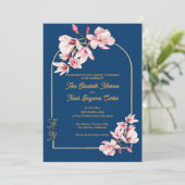 Navy Magnolia Floral Photo Wedding Invitation (スタンド正面)