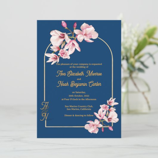 Navy Magnolia Floral Photo Wedding Invitation (スタンド正面)