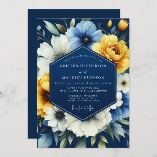 Navy Marigold Luminous Wedding 招待状 (正面/裏面)