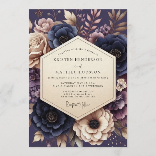 Navy & Mauve Somber Floral Wedding 招待状 (正面)