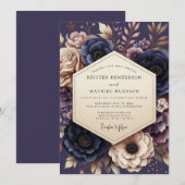 Navy & Mauve Somber Floral Wedding 招待状 (正面/裏面)