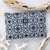 Navy Mediterranean Tile Pattern Monogram アクセサリーポーチ