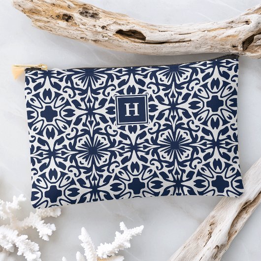 Navy Mediterranean Tile Pattern Monogram アクセサリーポーチ