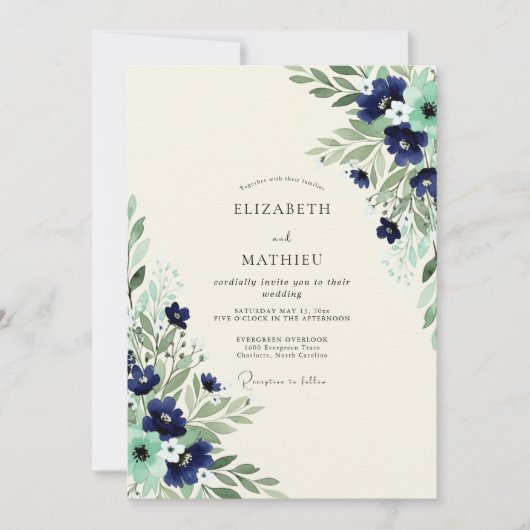 Navy Mint Exquisite Botanical Wedding 招待状 (正面)