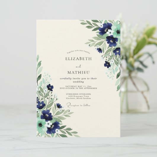 Navy Mint Exquisite Botanical Wedding 招待状 (スタンド正面)