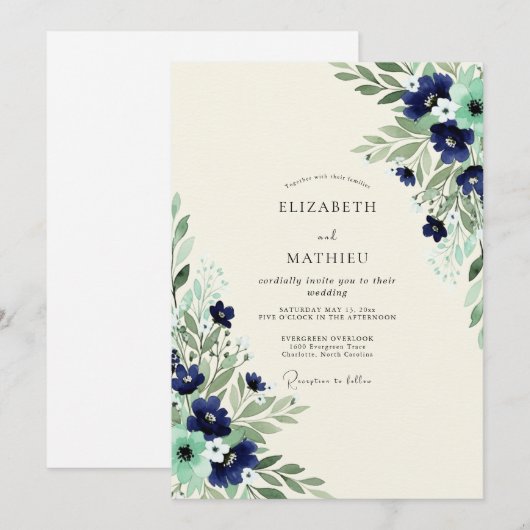 Navy Mint Exquisite Botanical Wedding 招待状 (正面/裏面)