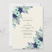Navy Mint Serene Botanical Wedding 招待状 (正面)