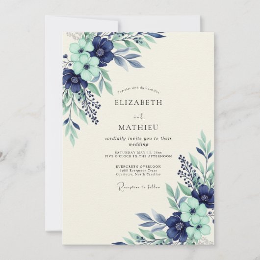 Navy Mint Serene Botanical Wedding 招待状 (正面)
