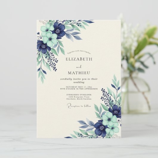 Navy Mint Serene Botanical Wedding 招待状 (スタンド正面)