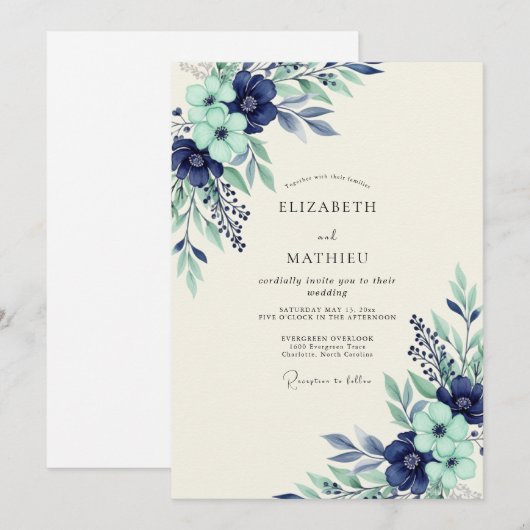Navy Mint Serene Botanical Wedding 招待状 (正面/裏面)