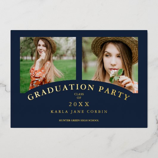 Navy Modern Elegant Chic Graduation Party 2 Photos 箔招待状 (正面)