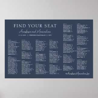 Navy Modern Wedding Alphabetical Seating Chart ポスター