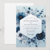 Navy Monochromatic Bloom Wedding 招待状 (正面/裏面)
