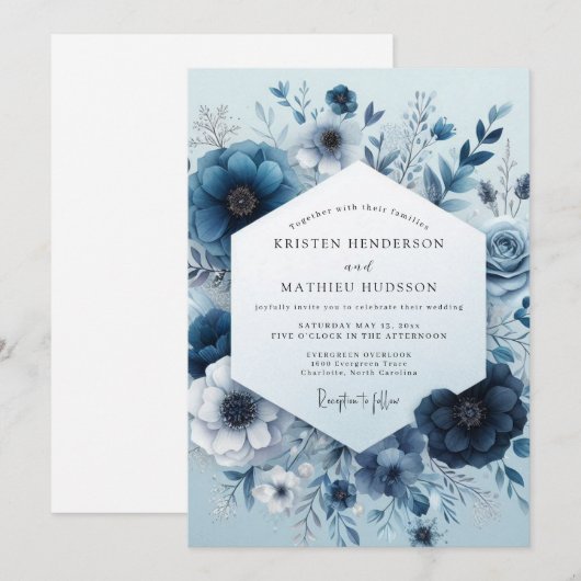Navy Monochromatic Bloom Wedding 招待状 (正面/裏面)