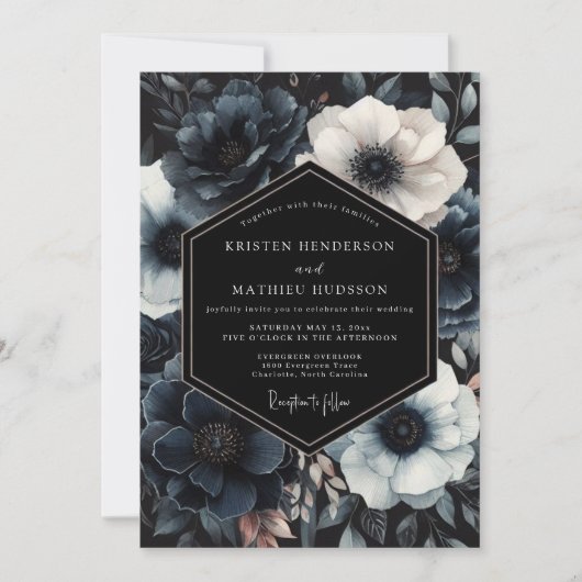 Navy Moody Bloom Wedding 招待状 (正面)