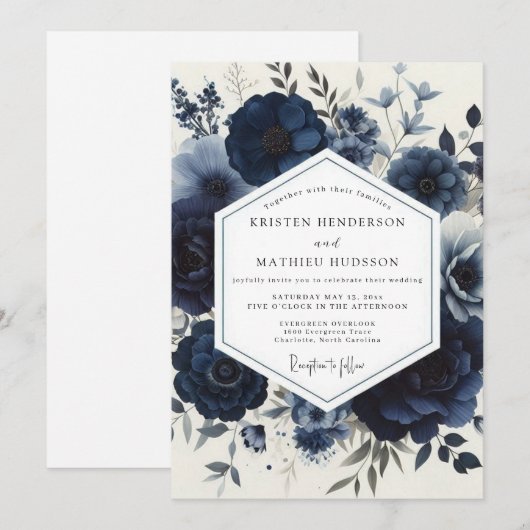 Navy Moody Floral Wedding 招待状 (正面/裏面)