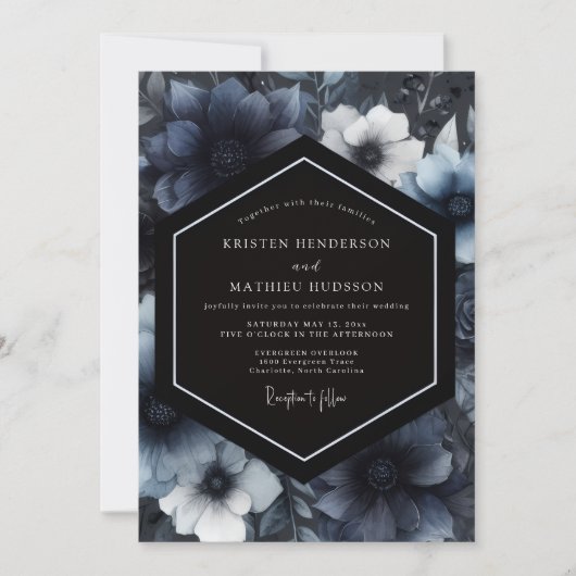 Navy Moody Floral Whimsy Wedding 招待状 (正面)