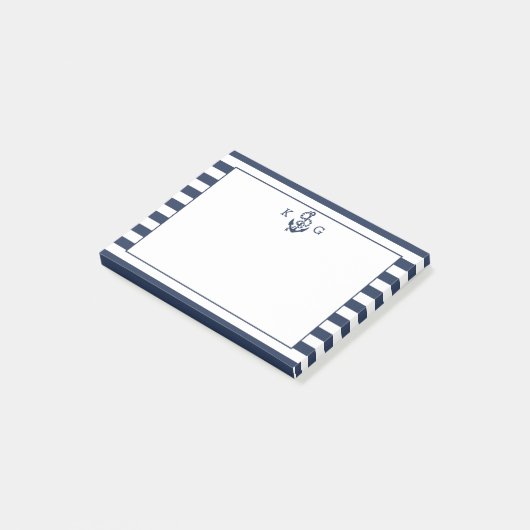 Navy Nautical Preppy Stripe & Anchor Monogram ポストイット (アングル)