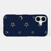 Navy Night Sky with Stars and Moon Pattern iPhone 16ケース (裏面横)